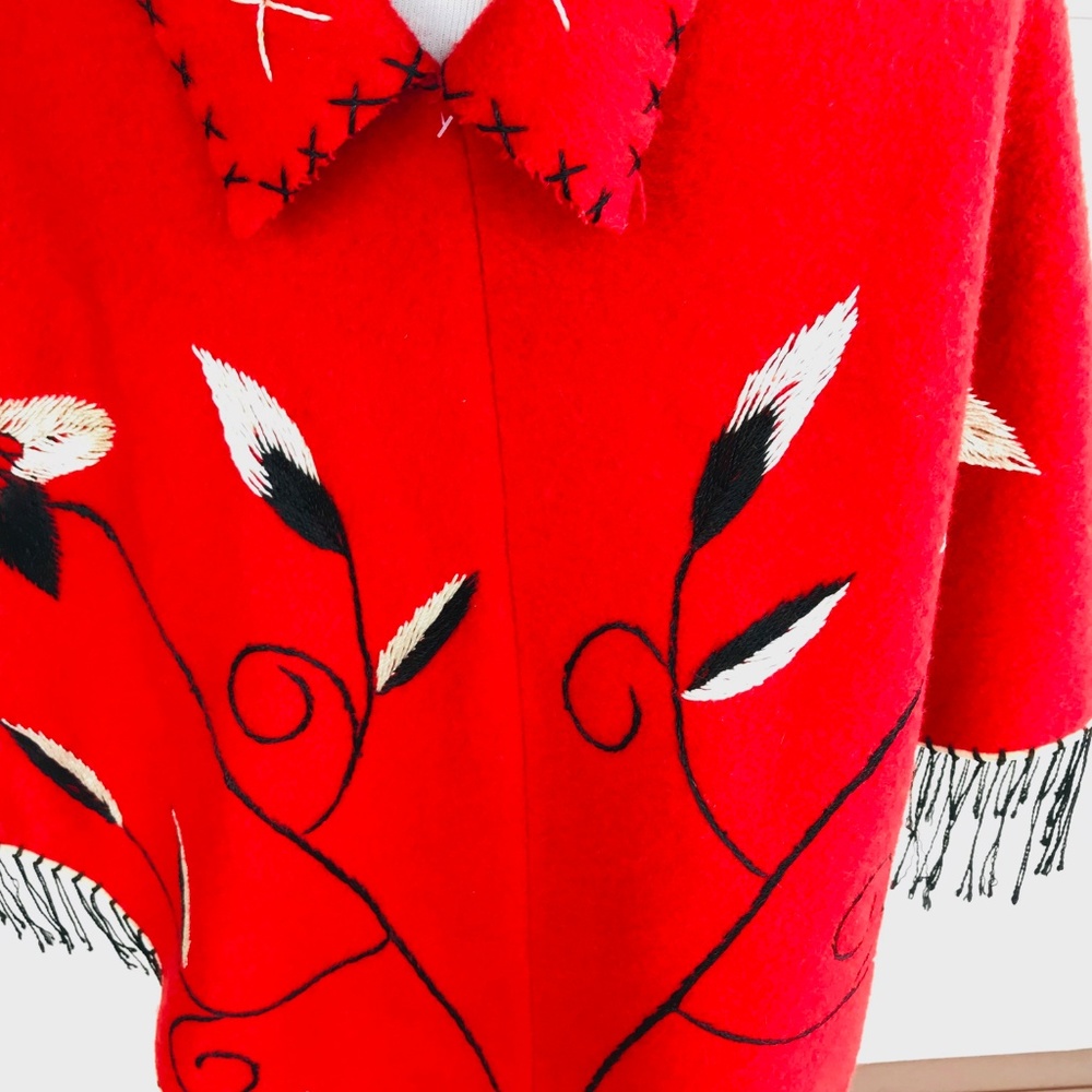 Vintage Red Wool Embroidered Poncho Cape - Picture 8 of 8